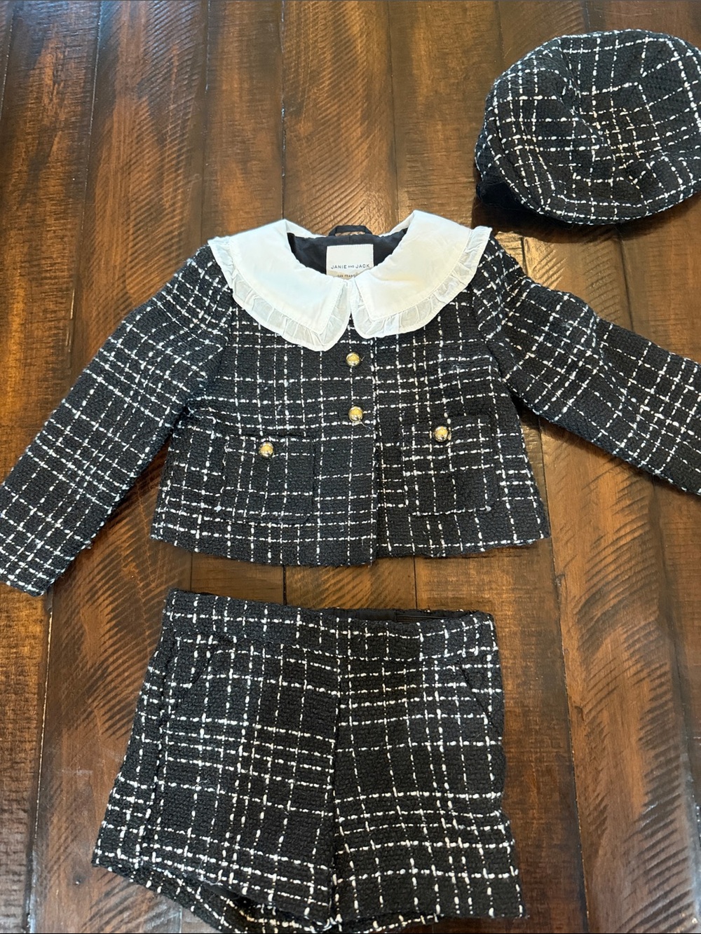 Janie and Jack Black & White Tweed Jacket, Shorts and Hat Set